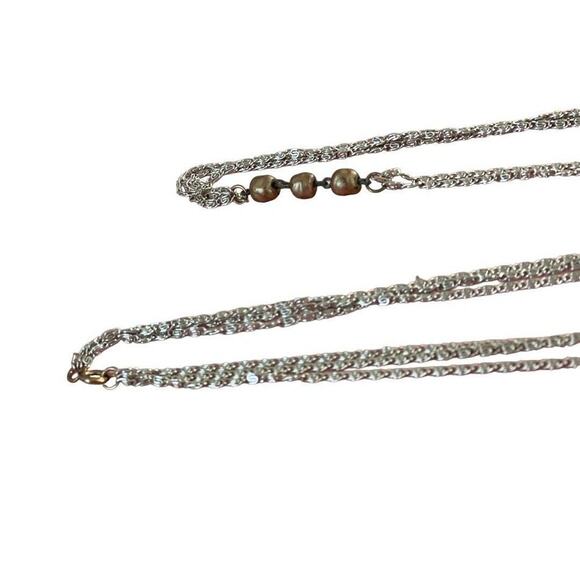 Vintage 55" Three Strand Beaded Necklace Silver Tone Chain Champagne Beads - Picture 5 of 13